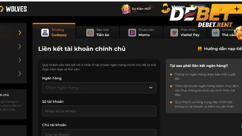 Nạp tiền vào Debet ngay để có xèng tham gia bắn cá xèng
